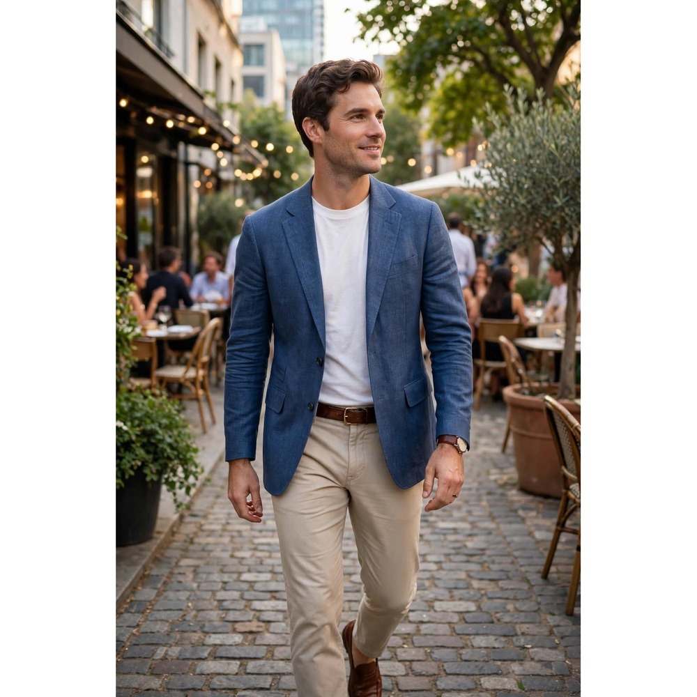 Palm Beach Mens 38R Sport Coat Blue Solid 100% Linen Blazer Style